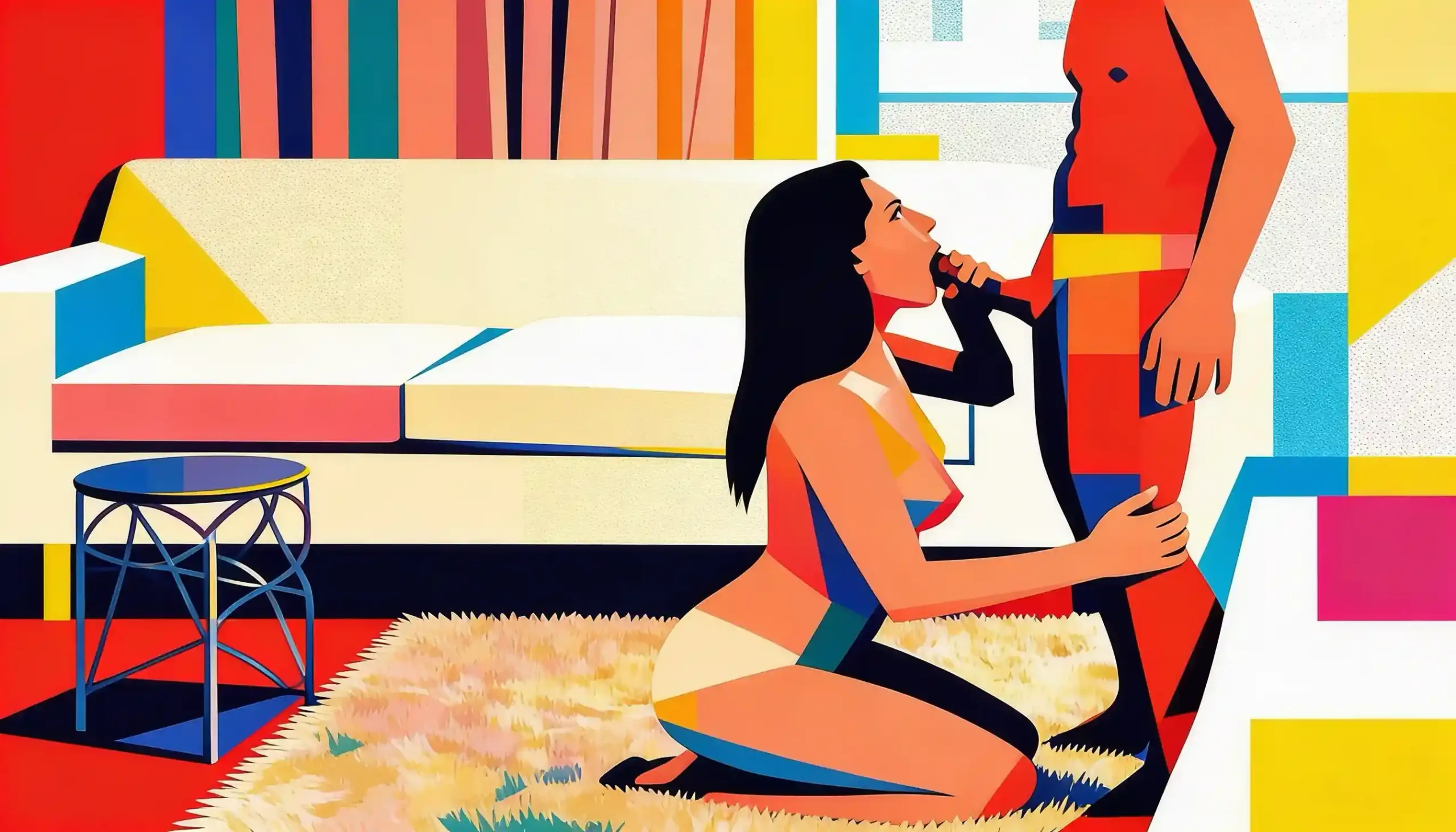 Vibrant abstract comic illustration of the Classic Kneeling Blowjob Position for educational sexual wellness and intimacy guides