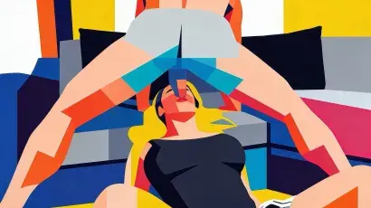 Seated Chair Blowjob Position illustrated in modern abstract comic style for practical oral intimacy education