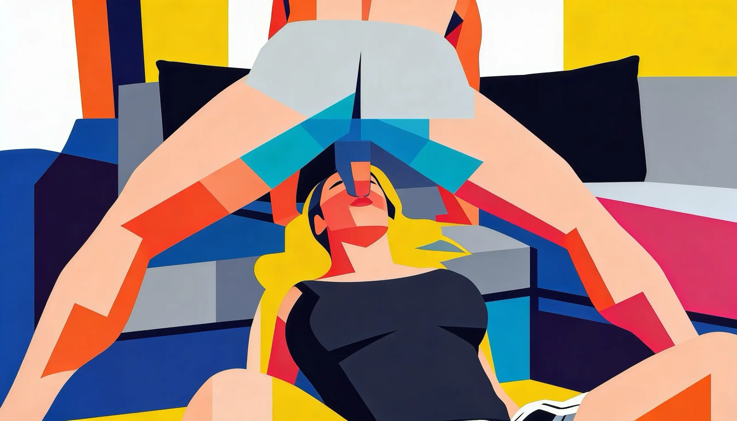 Seated Chair Blowjob Position illustrated in modern abstract comic style for practical oral intimacy education