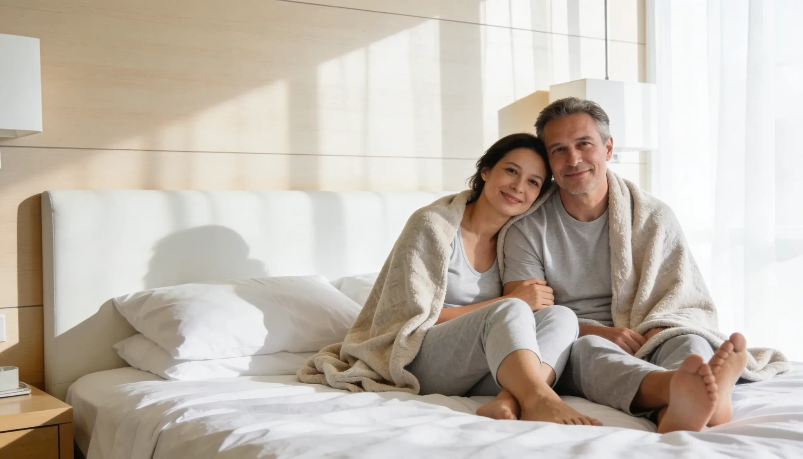 Adult couple sitting close together in a bright bedroom, representing sex and weight loss and healthy intimacy.