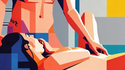 Side-by-Side Blowjob Position in tasteful abstract comic illustration for couples seeking relaxed intimacy and wellness tips