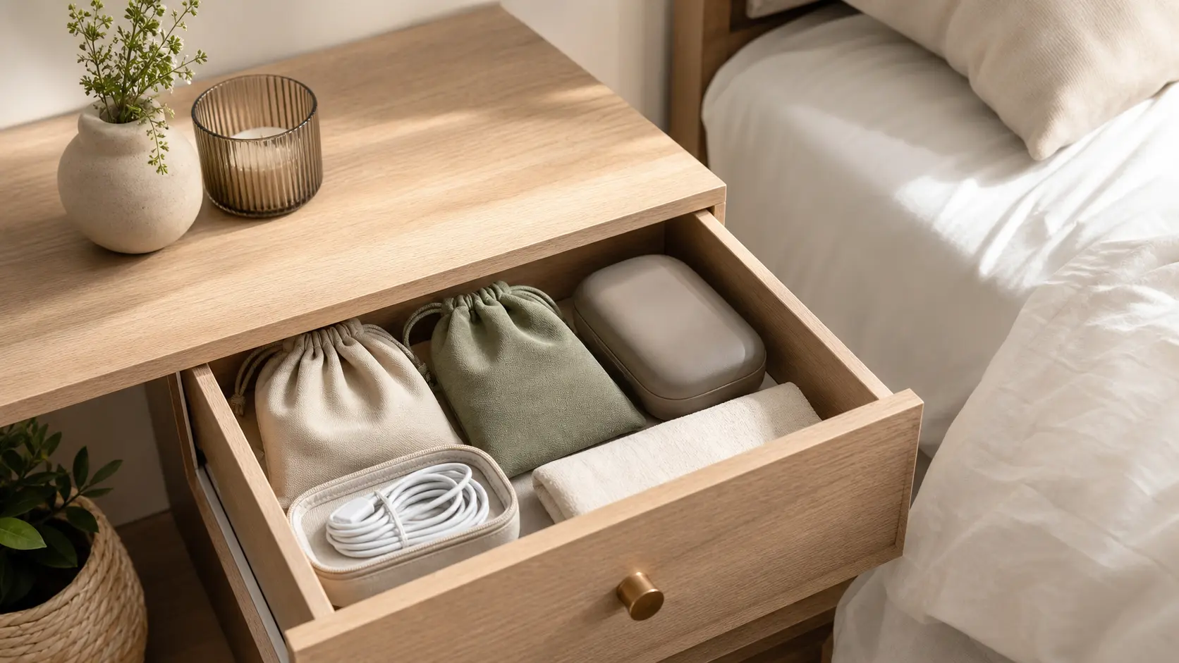 discreet sex toy storage with separate clean pouches and a private drawer organizer