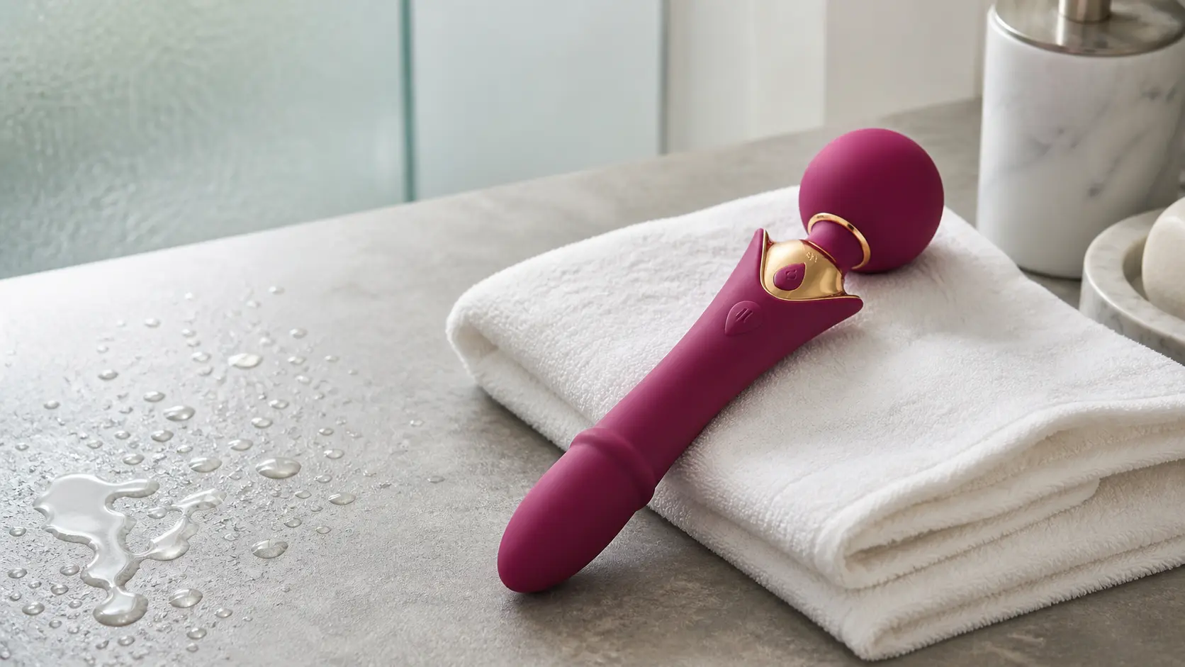 Waterproof vs water-resistant vibrator comparison with Elysium Wand on a bathroom countertop